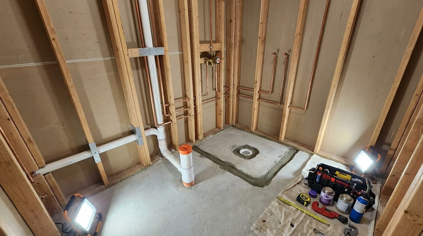 Bathroom rough-in plumbing during remodel by Johns Plumbing LLC in Ridley Park