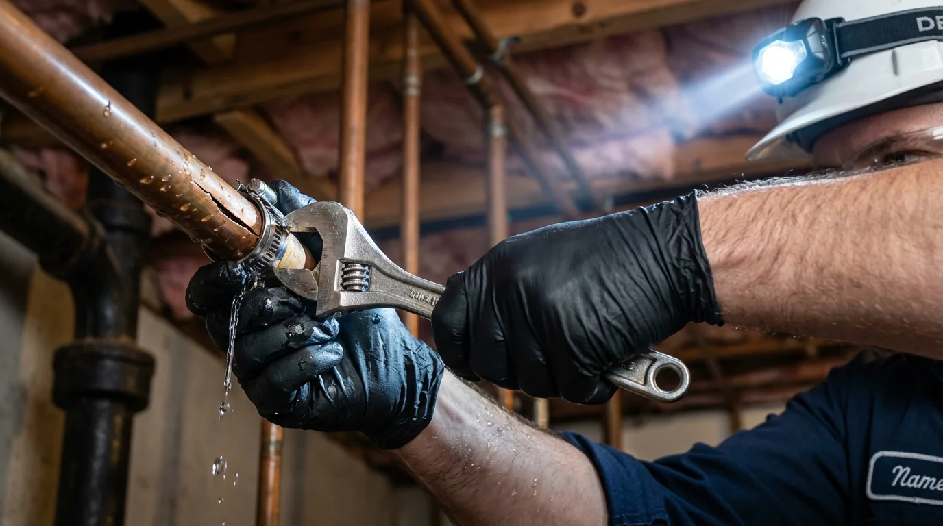 Emergency pipe clamp repair being performed by a Johns Plumbing LLC plumber in Ridley Park