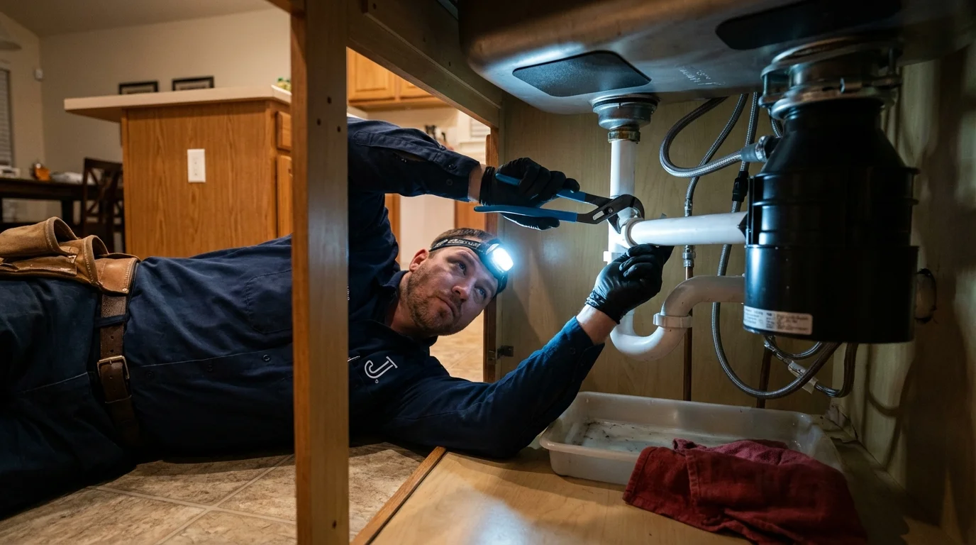 P-trap and supply line connections under a kitchen sink showing a common leak point in Ridley Park, PA